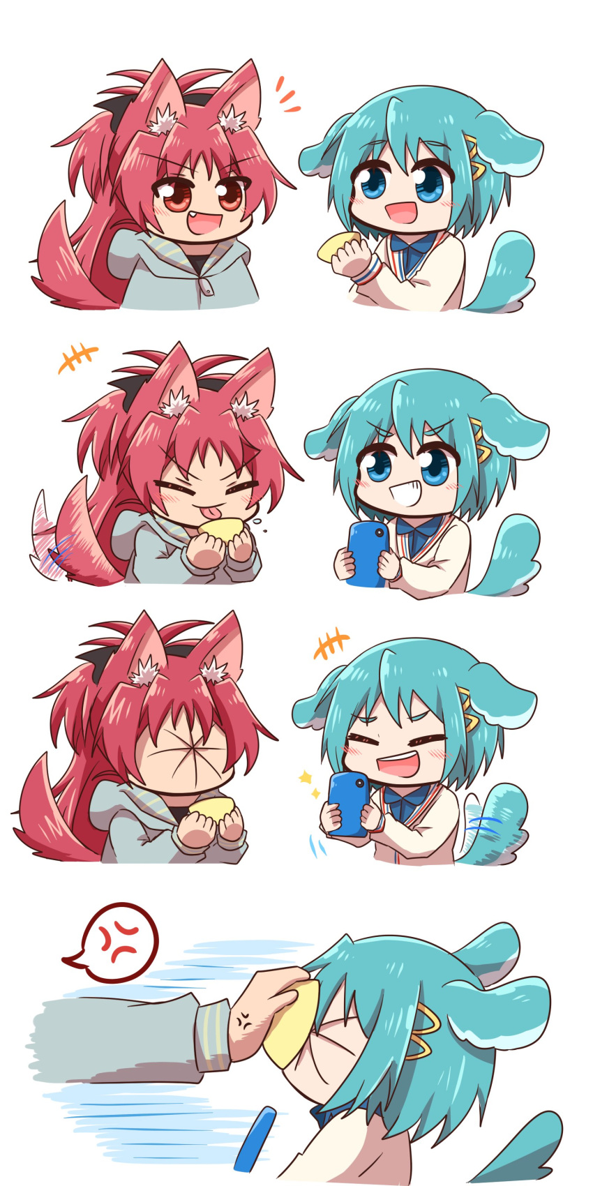 2girls, :d, absurdres, anger_vein, animal_ears, blue_hair, blue_hoodie, blue_shirt