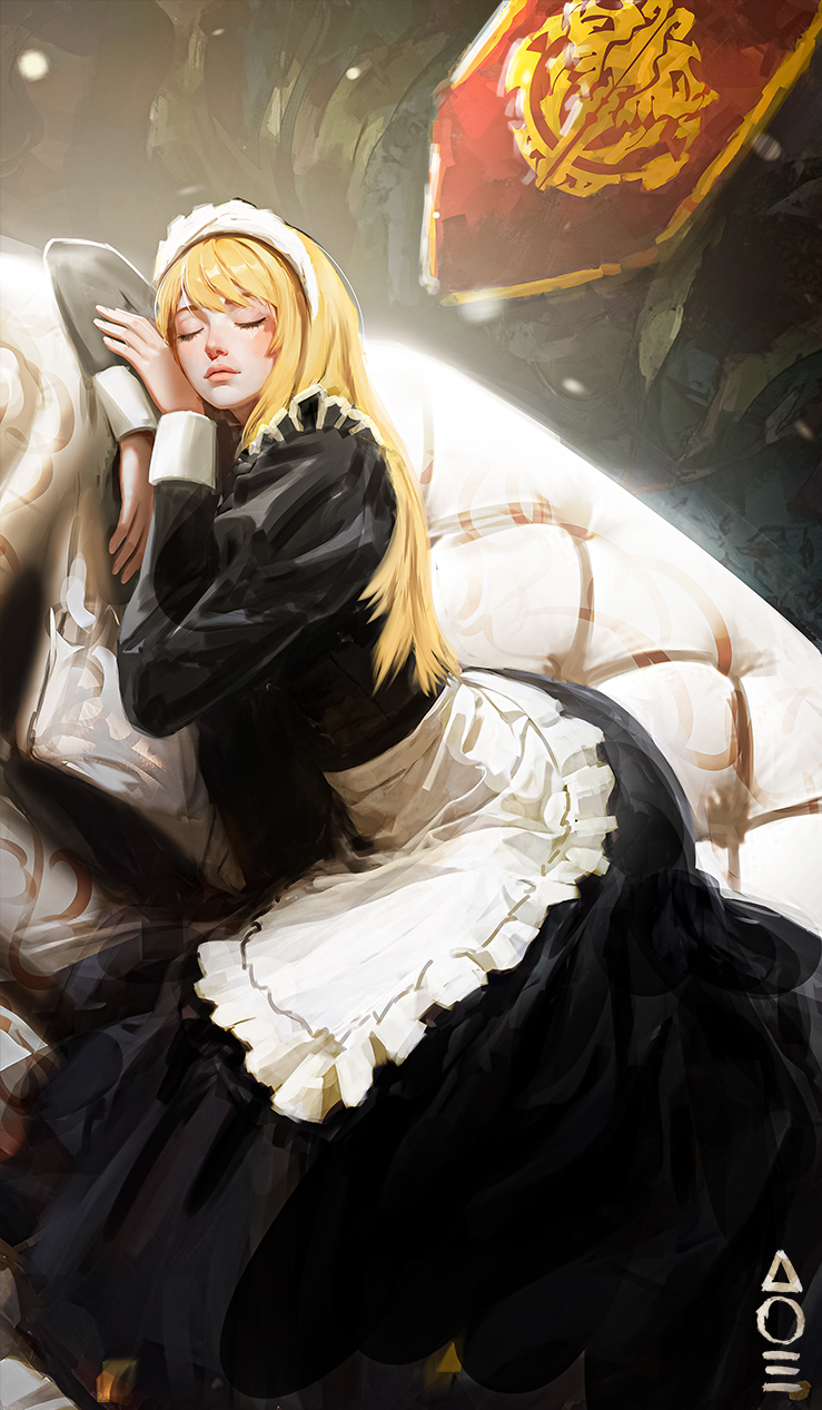 1girl, apron, artofenvy, banner, battle_standard, black_dress, blonde_hair, cixous_(overlord), closed_eyes, couch, dress, highres, indoors, lips, long_dress, long_hair, lying, maid_apron, maid_headdress, nose, on_couch, on_side, overlord_(maruyama), sleeping, solo, swept_bangs, war_banner