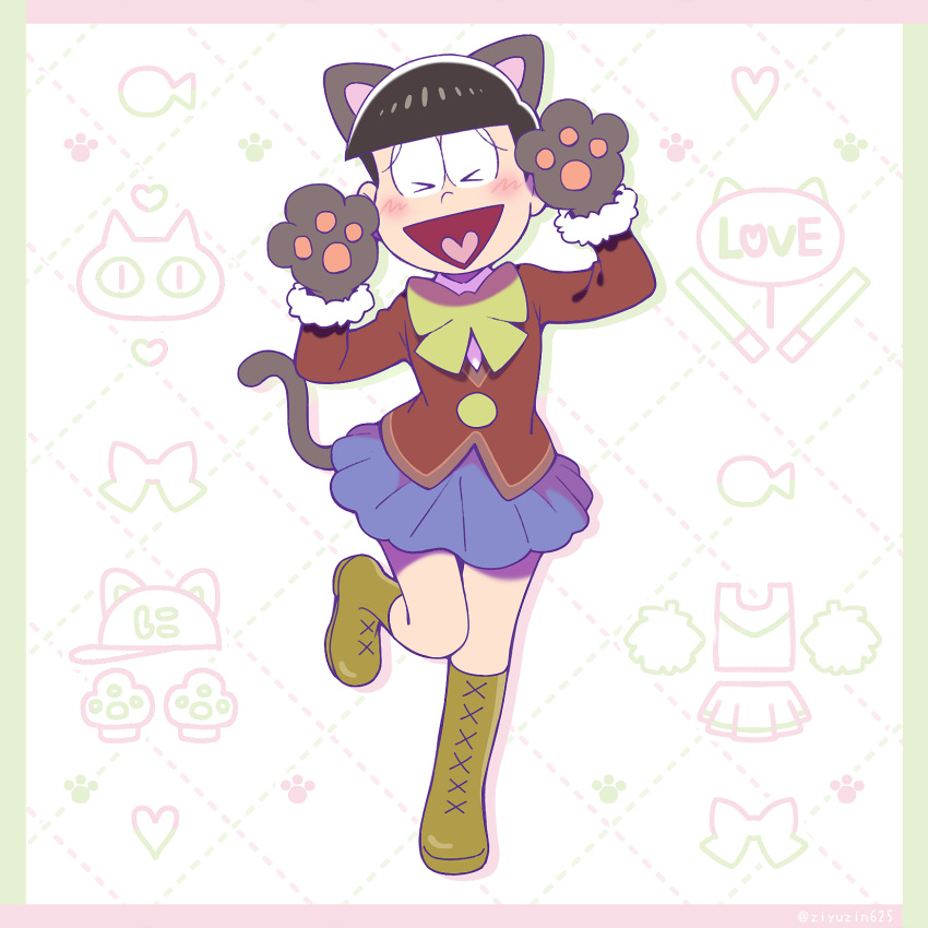 >_<, 1boy, :d, animal_ears, animal_hands, black_hair, boots, bow