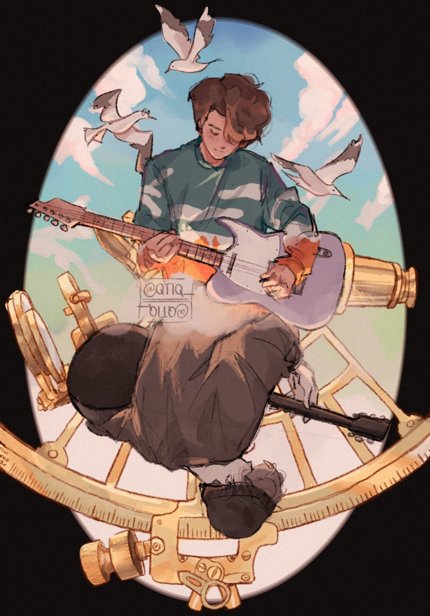 2boys, acoustic_guitar, astrolabe, bird, black_border, blue_sky, border, brown_hair