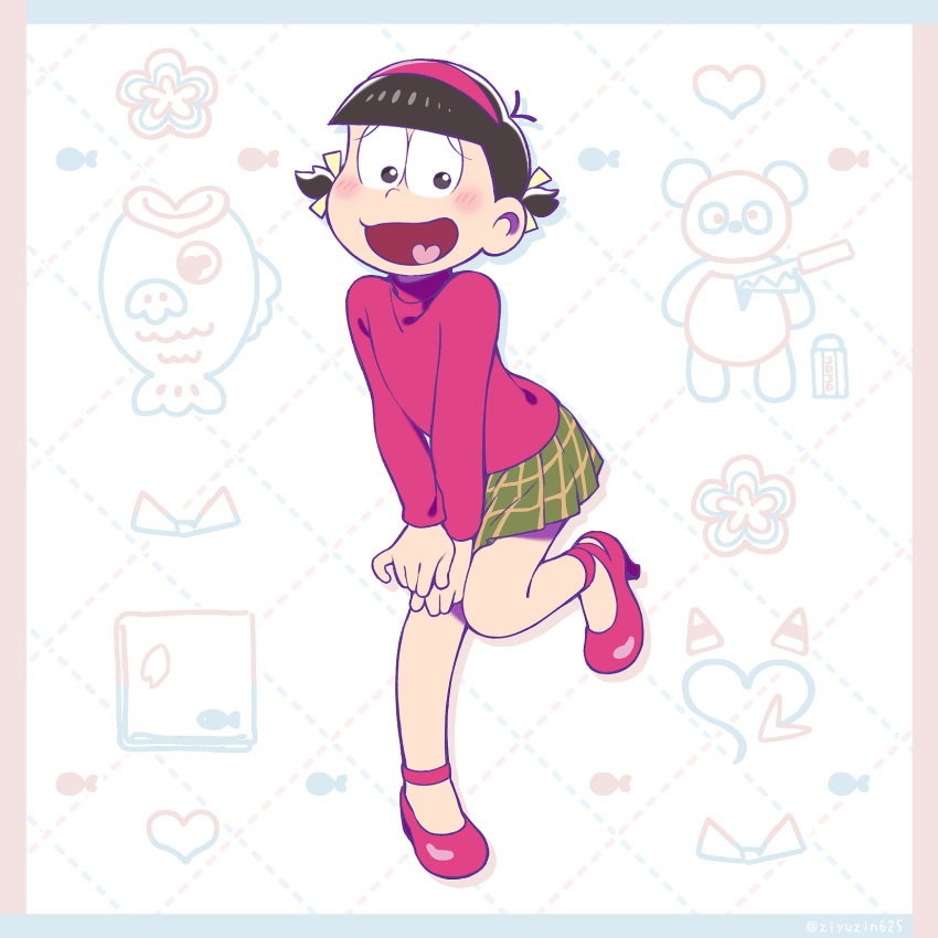 1boy, alternate_hairstyle, black_hair, blush, bow, cherry_blossoms, cosplay, crossdressing, eraser, fish, folded_napkin, green_skirt, hair_bow, hairband, heart, high_heels, highres, jiyuuto_(cocyco), knife, leg_up, male_focus, matsuno_osomatsu, nervous_smile, official_style, osomatsu-san, osomatsu_(series), pastel_colors, pink_footwear, plaid, plaid_skirt, ribbon, short_twintails, skirt, smile, stuffed_animal, stuffed_toy, teddy_bear, turtleneck, twintails, v_arms, yowai_totoko, yowai_totoko_(cosplay)