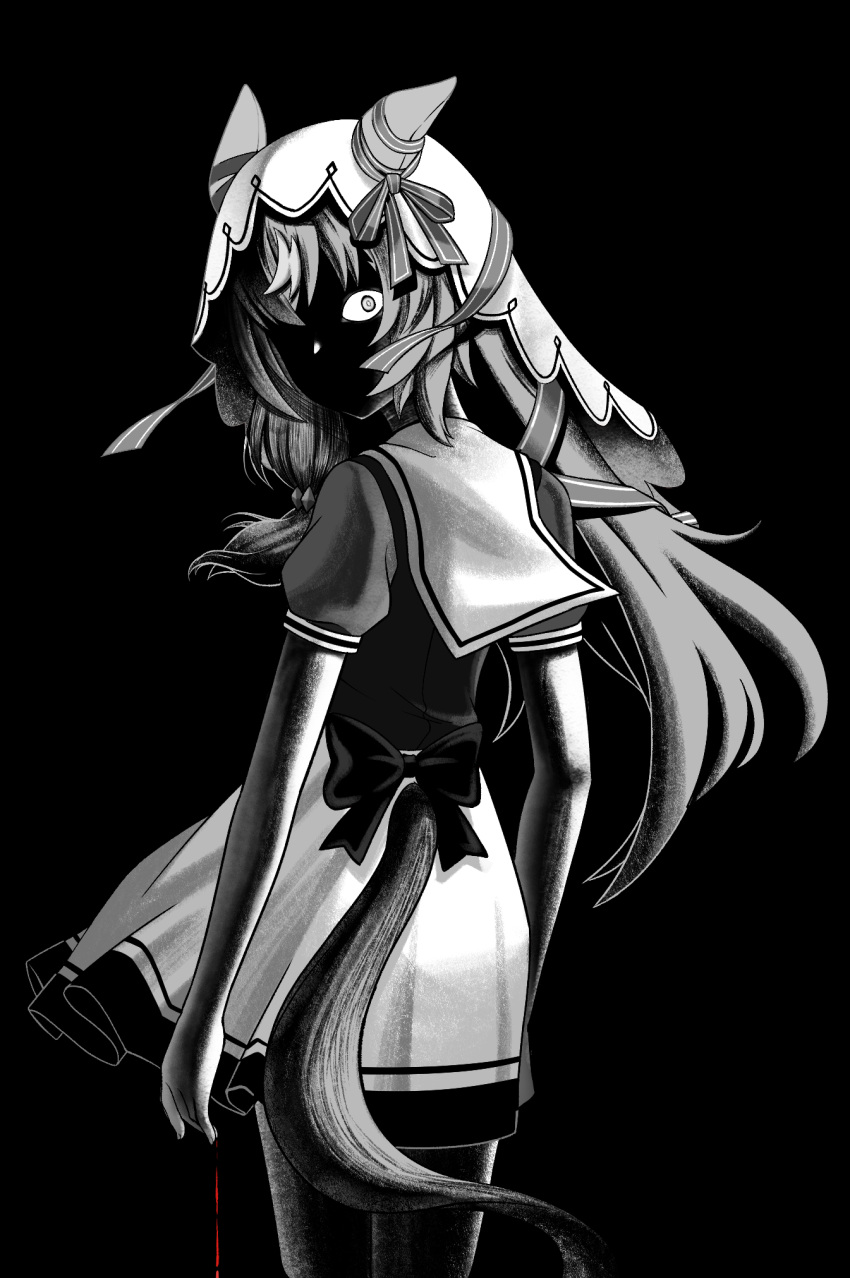 1girl, animal_ears, bails, commentary_request, dark_background, hair_between_eyes, hair_ornament, highres