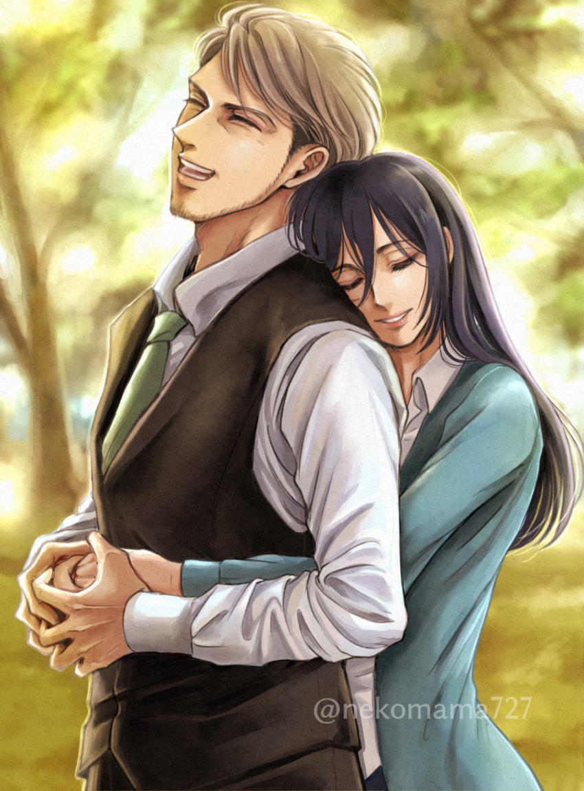 1boy, 1girl, aged_up, alternate_facial_hair, artist_name, black_hair, blonde_hair, closed_eyes, commentary_request, facial_hair, highres, hug, hug_from_behind, jean_kirstein, long_hair, long_sideburns, long_sleeves, mikasa_ackerman, mixed-language_commentary, necktie, nekomama727, open_mouth, shingeki_no_kyojin, shirt, short_hair, sideburns, smile, twitter_username, white_shirt