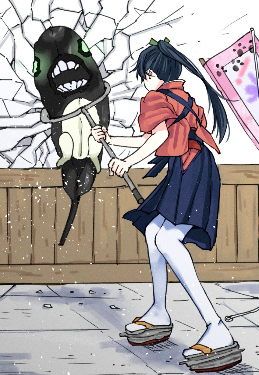 1girl, abyssal_ship, black_hair, black_hakama, crack, cracked_wall, green_ribbon, hair_ribbon