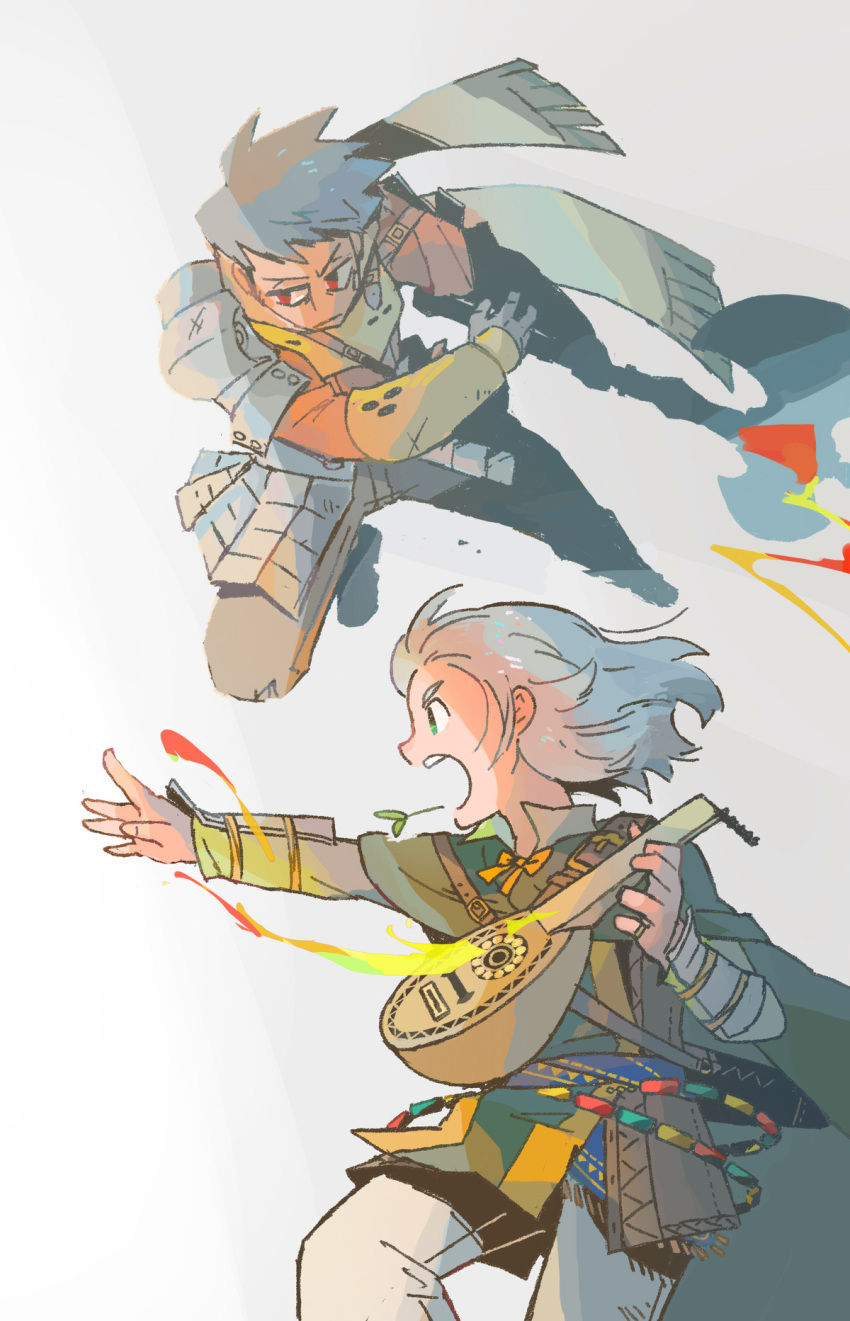 2boys, axe, bard_(sekaiju), bard_3_(sekaiju), blue_hair, full_body, grey_hair, highres, holding, holding_axe, instrument, lute_(instrument), motimamire, mouth_hold, multiple_boys, open_mouth, sekaiju_no_meikyuu, sekaiju_no_meikyuu_1, stalk_in_mouth, swordsman_(sekaiju), swordsman_1_(sekaiju)