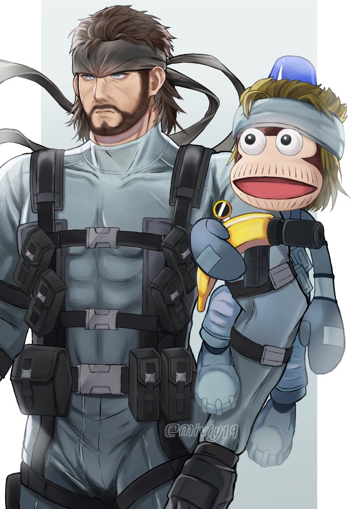 2boys, ammunition_pouch, bodysuit, brown_hair, cowboy_shot, facial_hair, goatee, headband