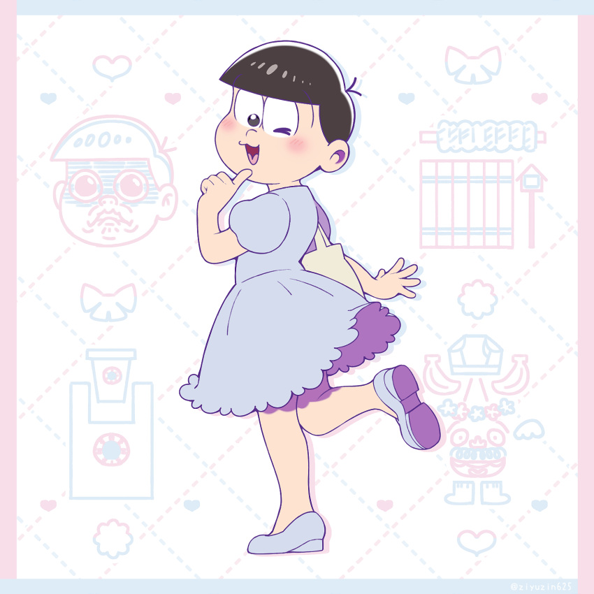 1boy, aida_(osomatsu-san), aida_(osomatsu-san)_(cosplay), apron, bag, blue_dress, cosplay, cup