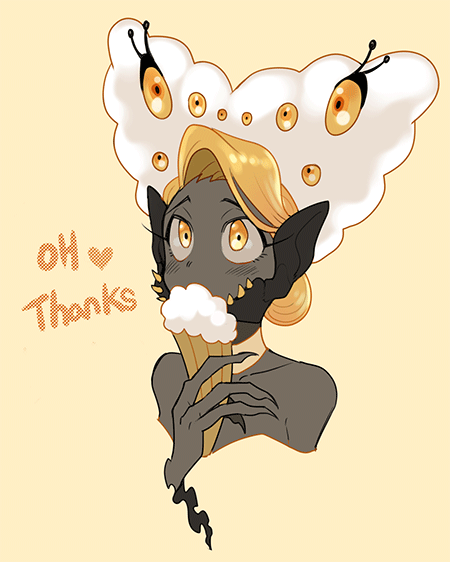 1girl, animated, animated_gif, arthropod_girl, blinking, blonde_hair, blush, choker, clawed_hands, colored_sclera, denbaa, english_text, extra_eyes, fangs, folding_fan, hair_bun, hand_fan, heart, looking_at_viewer, orange_eyes, original, ribbon_choker, shy, simple_background, solo, spider_princess_(denbaa), yellow_background, yellow_choker, yellow_eyes, yellow_sclera