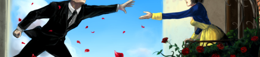 bioshock:_infinite, bioshock_infinite, black_hair, booker_dewitt, elizabeth_(bioshock_infinite), elizabeth_(infinite), flower, formal, petals, red_rose, rose, rose_petals, short_hair, suit