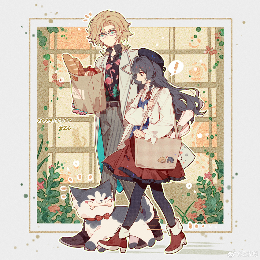 !, 1boy, 1girl, absurdres, ankle_boots, aqua_coat, aqua_eyes, aqua_gloves, bag, baguette, belt, beret, black_hair, black_hat, black_pantyhose, black_shirt, blonde_hair, blue_vest, blunt_bangs, bone, boots, border, braid, bread, brown_belt, brown_footwear, cardigan, center_frills, character_print, closed_mouth, coat, collared_shirt, curtained_hair, dated, flamingo_print, fold-over_boots, food, frills, from_side, full_body, glasses, gloves, grey_pants, grocery_bag, hair_intakes, hair_ribbon, hat, heroine_(lovebrush_chronicles), highres, holding, holding_bag, husky, lapels, lars_rorschach, long_hair, long_sleeves, looking_at_animal, looking_down, looking_to_the_side, lovebrush_chronicles, motion_lines, mouth_hold, mullet, notched_lapels, notice_lines, open_cardigan, open_clothes, open_coat, open_collar, open_mouth, outside_border, pants, pantyhose, paper_bag, parted_bangs, pink_gloves, pinstripe_pants, pinstripe_pattern, pinstripe_vest, plant, pleated_skirt, popped_collar, profile, red_footwear, red_ribbon, red_skirt, ribbon, scroll, shirt, shirt_tucked_in, shopping_bag, short_hair, shoulder_bag, side_braid, skirt, spoken_exclamation_mark, surprised, two-sided_coat, two-sided_fabric, two-tone_gloves, vest, violet_eyes, walking, white_border, white_cardigan, white_coat, white_shirt, window, z6