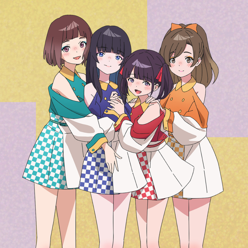 4girls, aqua_shirt, black_hair, blue_eyes, blue_shirt, blunt_bangs, blush, bow, brown_eyes, brown_hair, closed_mouth, clothing_cutout, commentary_request, group_picture, hair_bow, hair_ribbon, half_updo, hands_on_another's_shoulders, highres, idol, idol_clothes, long_hair, looking_at_viewer, multiple_girls, official_alternate_hair_color, official_alternate_hairstyle, official_art, open_mouth, orange_bow, orange_shirt, pleated_skirt, purple_hair, red_ribbon, red_shirt, ribbon, setou_mero, shirt, short_hair, short_twintails, shoulder_cutout, skirt, smile, suzumura_akari, twintails, unmoving_pattern, violet_eyes, white_skirt, yamanouchi_kano, yanagi_momoko, yoru_no_kurage_wa_oyogenai