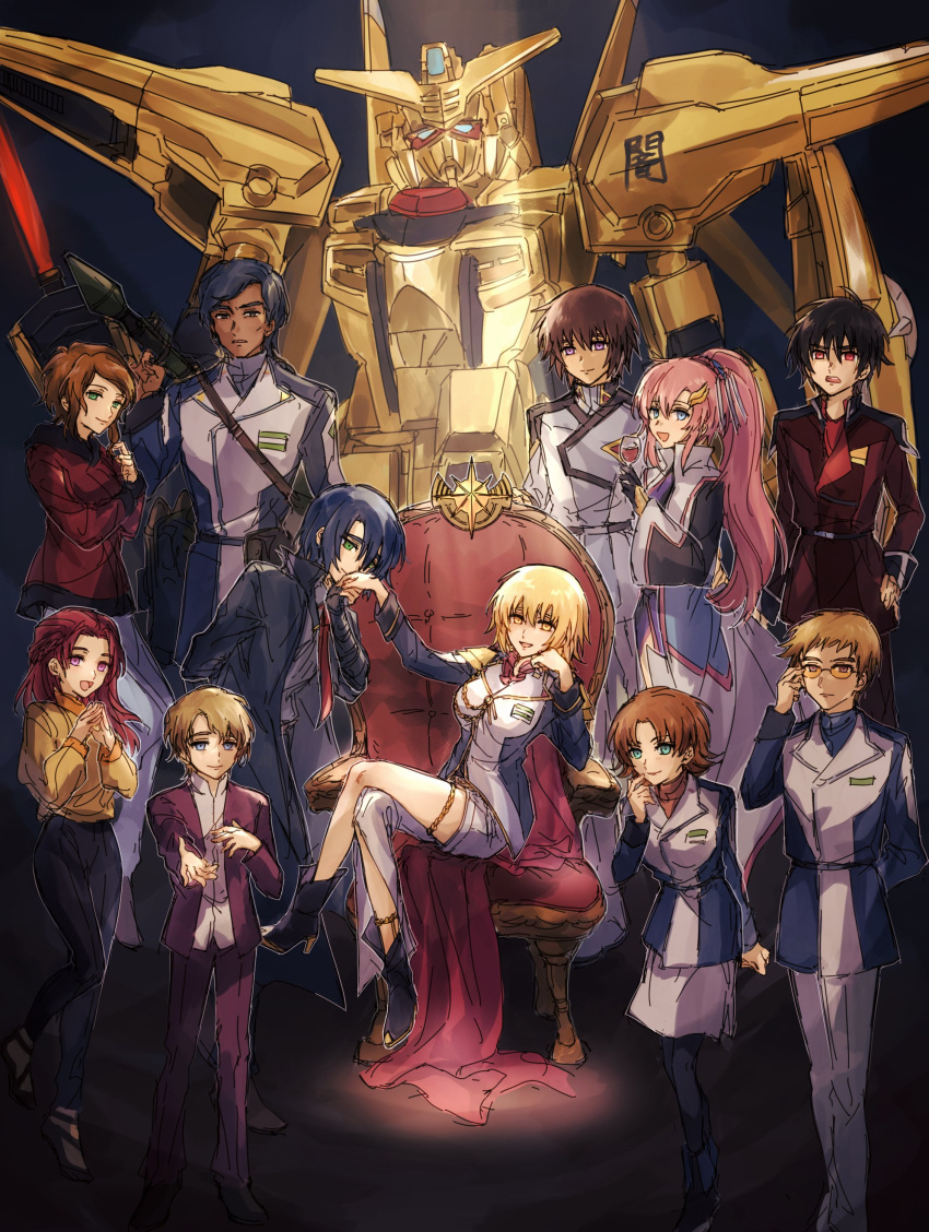 5girls, 6+boys, absurdres, akatsuki_gundam, athrun_zala, black_hair, blonde_hair, blue_eyes