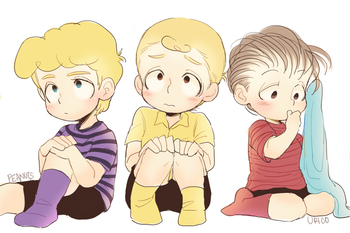 3boys, artist_name, blanket, charlie_brown, child, hand_on_own_knee, linus_van_pelt, multiple_boys, peanuts_(comic), purple_shirt, purple_socks, red_shirt, red_socks, schroeder_(peanuts), shirt, short_hair, simple_background, sitting, socks, uriko_(botannabe), white_background, yellow_shirt, yellow_socks
