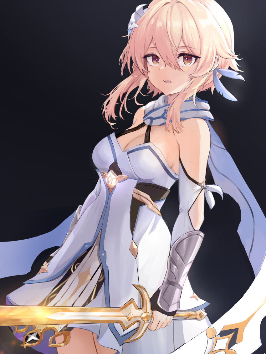 1girl, absurdres, black_background, blonde_hair, dress, genshin_impact, highres, holding