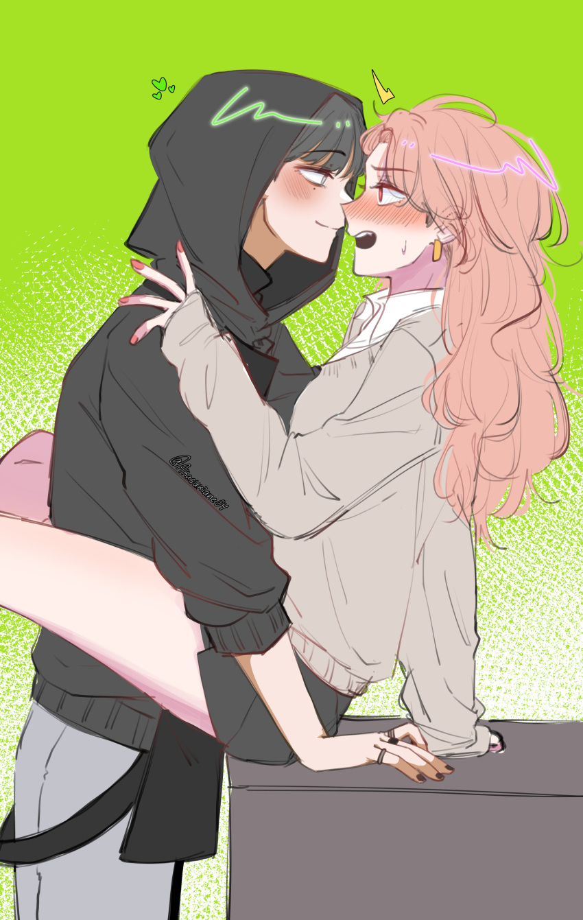 2girls, absurdres, akasukiane04, between_legs, black_hair, black_hoodie, black_nails, black_shorts, blush, brown_sweater, closed_mouth, collared_shirt, commentary, earrings, english_commentary, gradient_background, green_background, grey_pants, heart, highres, hood, hood_up, hoodie, jewelry, kininatteru_hito_ga_otoko_ja_nakatta, koga_mitsuki, long_hair, long_sleeves, mole, mole_under_eye, multiple_girls, noses_touching, oosawa_aya, open_mouth, pants, pink_hair, pink_nails, ring, shirt, shorts, smile, sweater, twitter_username, white_shirt, yuri