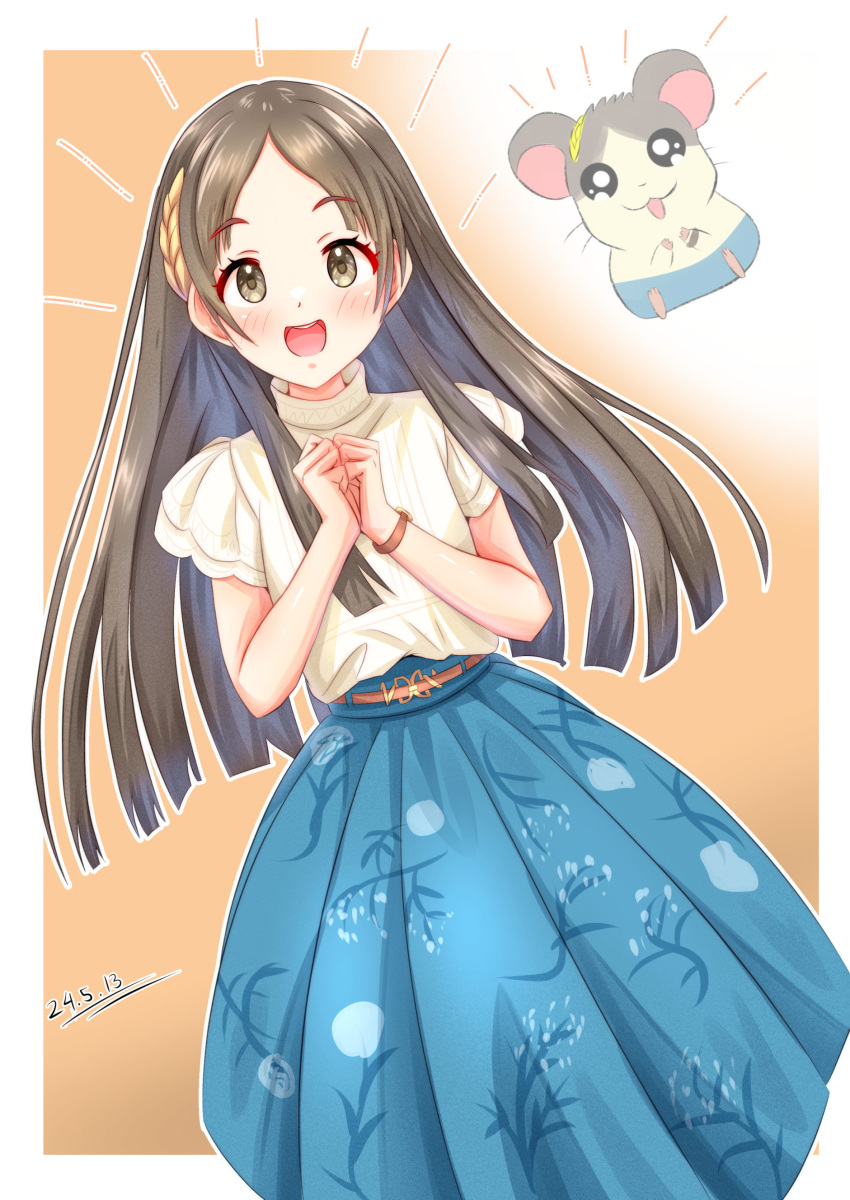 1girl, absurdres, aqua_skirt, blunt_ends, blush, brown_hair, cobbedcorn, dated