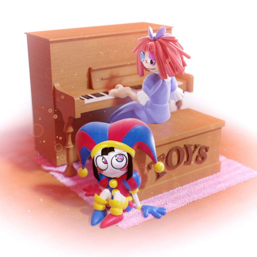 2girls, 3d, asymmetrical_gloves, blue_eyes, blue_gloves, blush_stickers, bow, brown_hair, button_eyes, buttons, closed_mouth, codaanim, commentary, english_commentary, full_body, gloves, grand_piano, hair_bow, hat, highres, instrument, jester, jester_cap, looking_at_another, multicolored_clothes, multiple_girls, music, on_floor, piano, playing_instrument, playing_piano, pomni_(the_amazing_digital_circus), puffy_short_sleeves, puffy_sleeves, ragatha_(the_amazing_digital_circus), red_eyes, red_gloves, redhead, short_hair, short_sleeves, sitting, smile, striped_clothes, striped_headwear, the_amazing_digital_circus, two-tone_eyes, vertical-striped_clothes