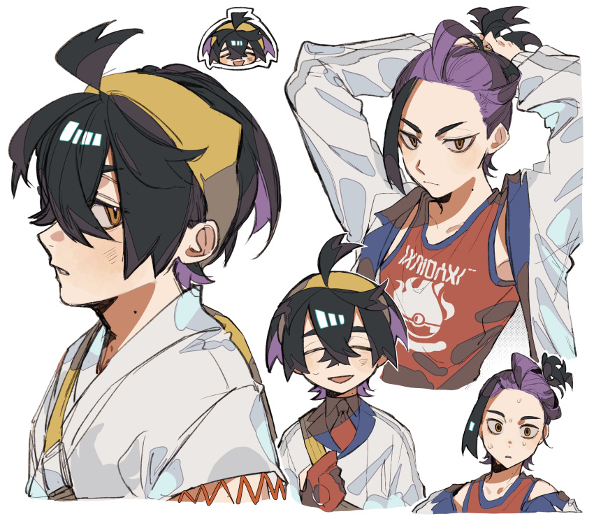 1boy, absurdres, adjusting_hair, arms_up, black_hair, closed_eyes, closed_mouth, collared_shirt