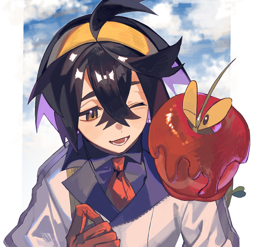 1boy, black_hair, blue_shirt, clouds, collared_shirt, crossed_bangs, dipplin, gloves