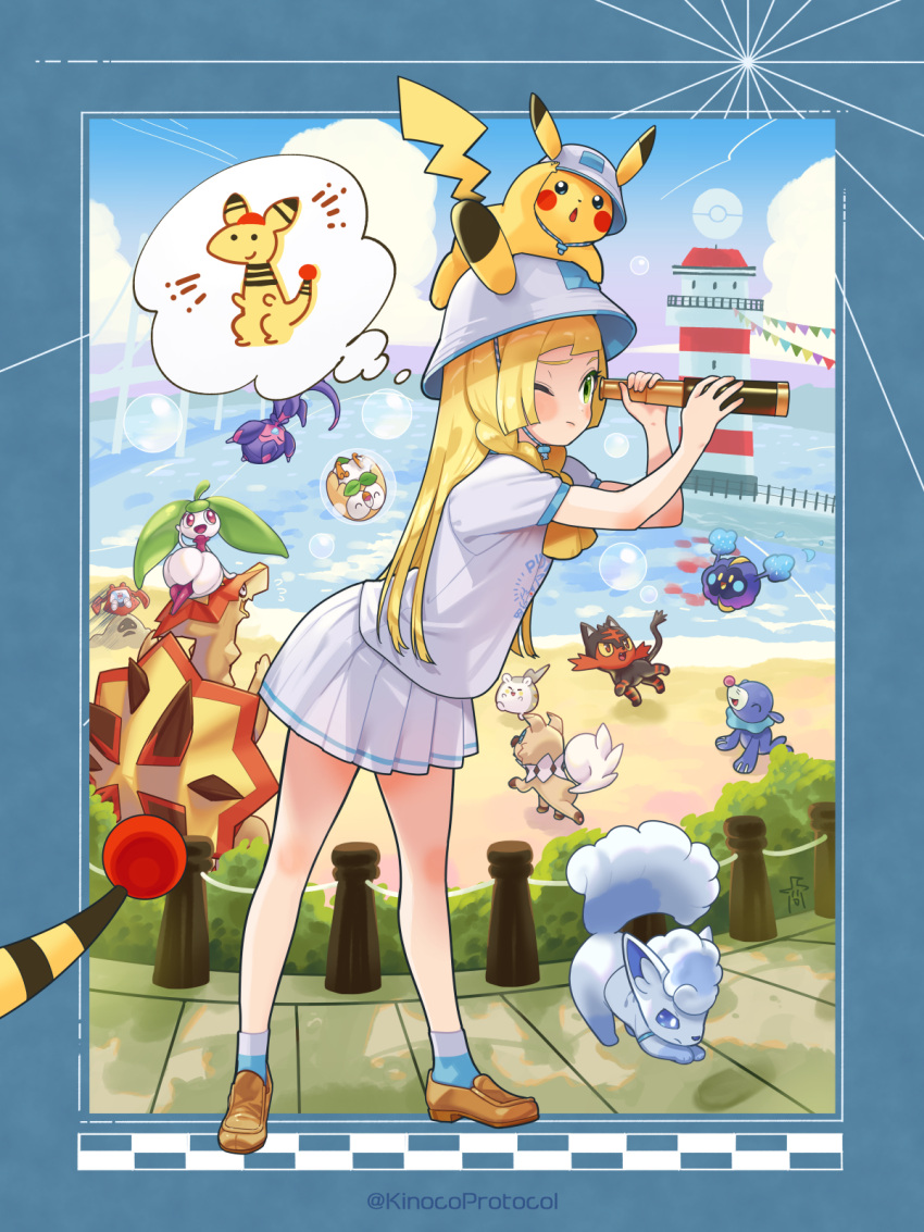 1girl, alolan_vulpix, ampharos, artist_name, beach, black_fur, blonde_hair, blue_border