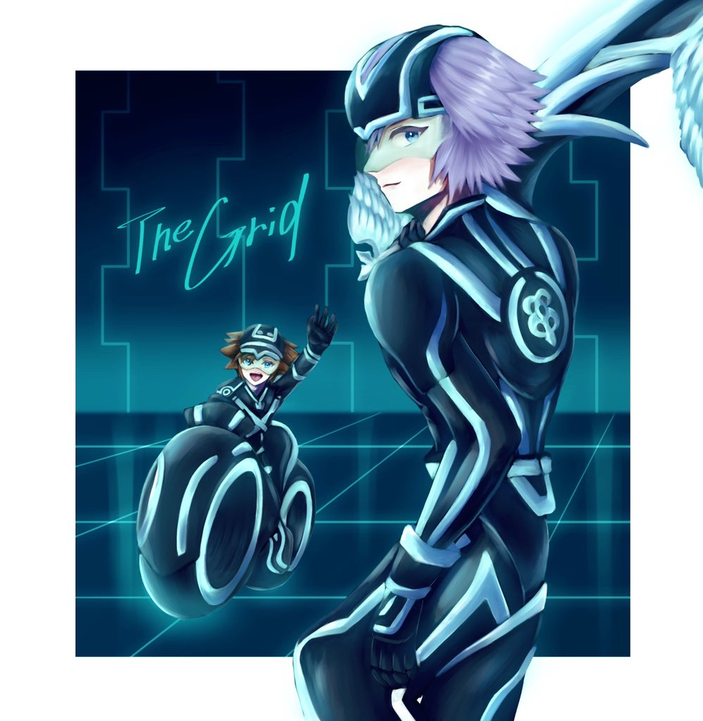 2boys, :d, black_bodysuit, black_gloves, blue_bodysuit, blue_eyes, bodysuit, border