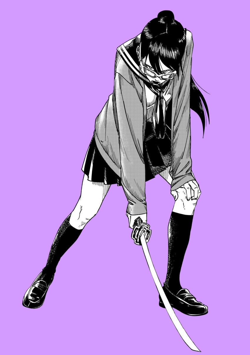 1girl, cardigan, full_body, glasses, greyscale, greyscale_with_colored_background, hand_on_own_knee, highres, holding, holding_sword, holding_weapon, katana, kim_taemyung, kneehighs, loafers, long_hair, looking_at_viewer, monochrome, neckerchief, open_cardigan, open_clothes, open_mouth, original, pleated_skirt, ponytail, purple_background, rectangular_eyewear, sailor_collar, school_uniform, serafuku, shirt, shoes, skirt, socks, solo, standing, sword, weapon