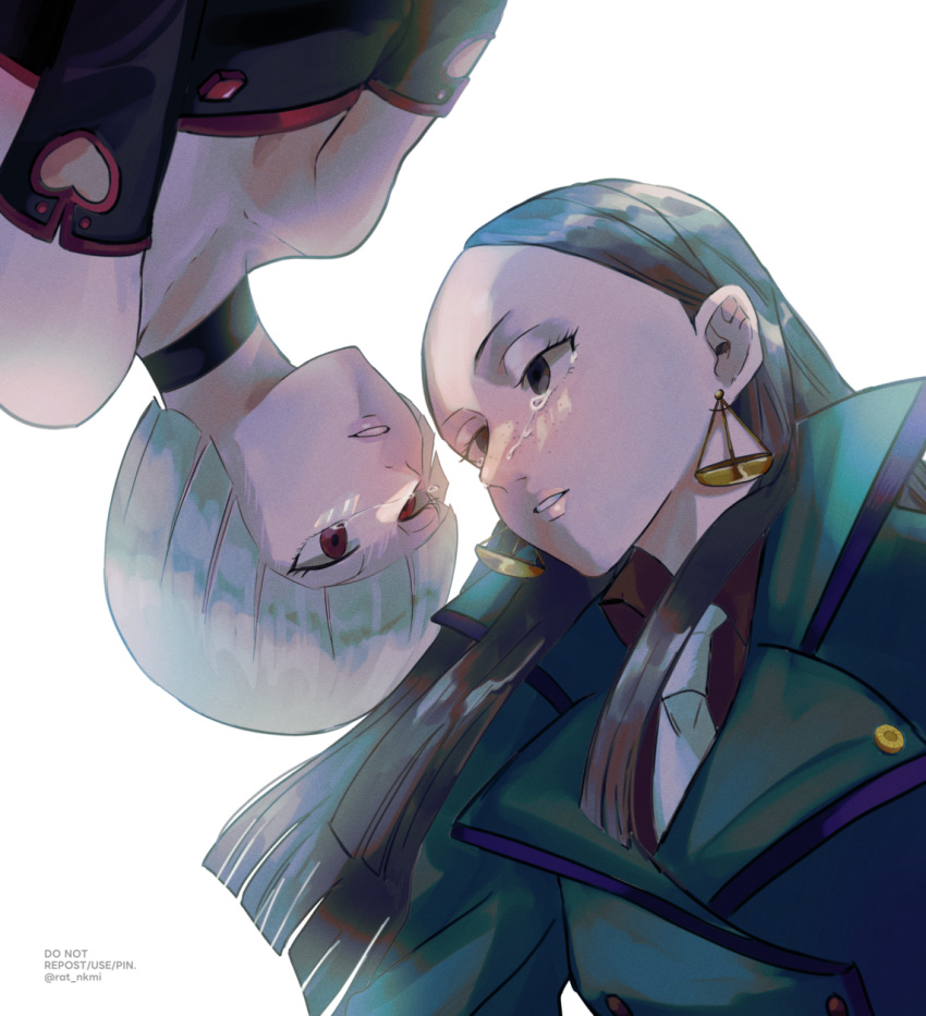 2girls, ace_attorney, bare_shoulders, black_choker, black_coat, black_hair, border, callisto_yew