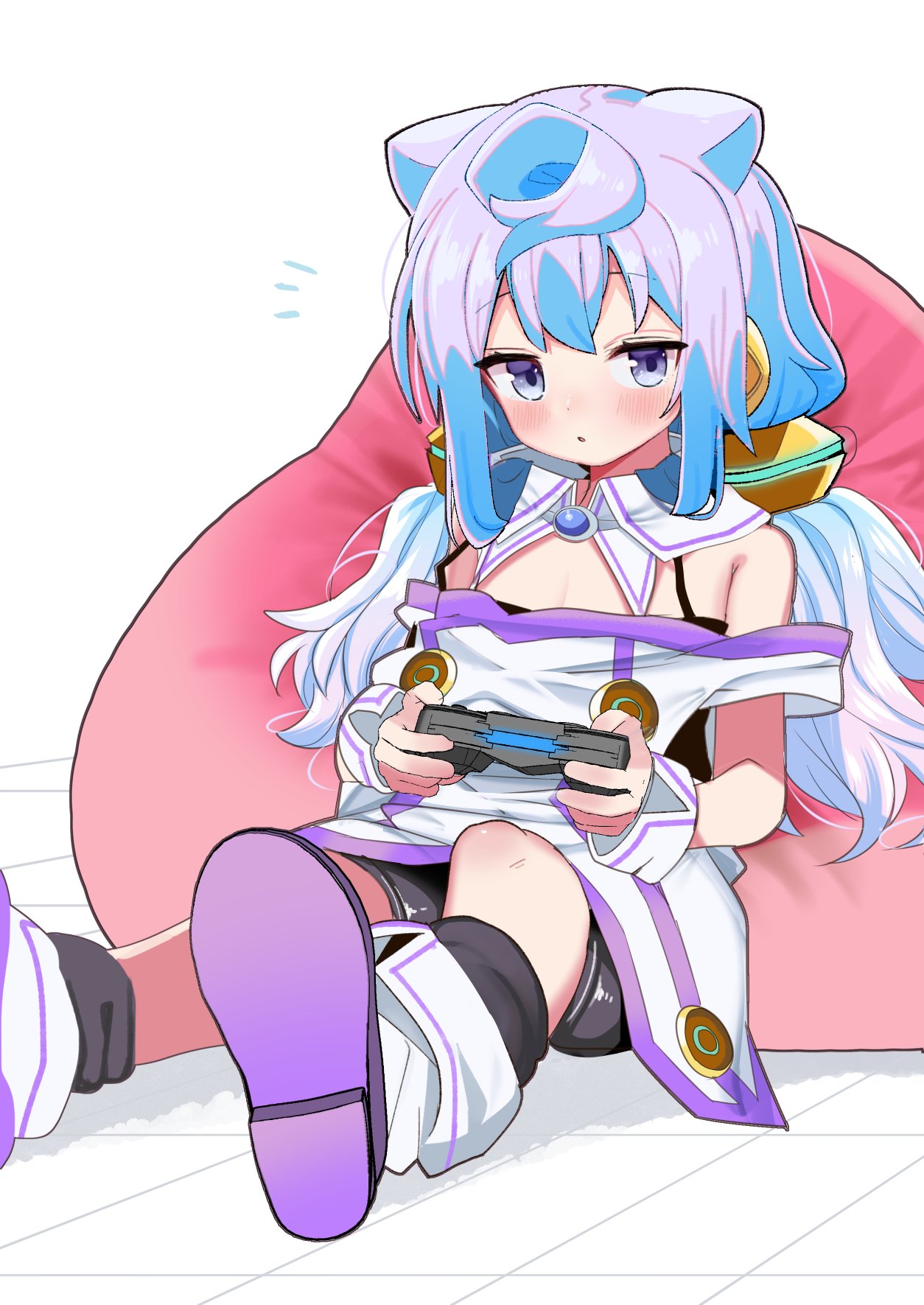 1boy, bean_bag, bike_shorts, black_shorts, blue_eyes, blue_hair, blush, boots