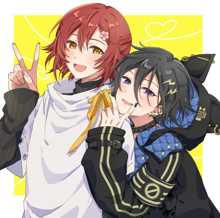 2boys, bishounen, black_hair, black_nails, blush, border, collar, earrings