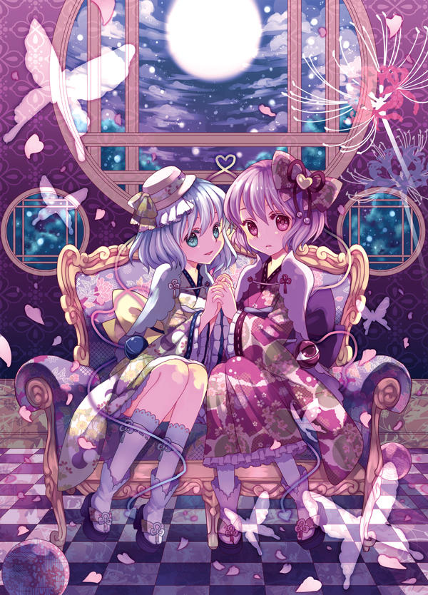 alternate_costume, aqua_eyes, bow, butterfly, checkered, checkered_floor, clog_sandals, couch