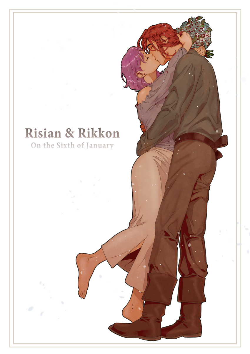 1boy, 1girl, 5altybitter5, absurdres, arms_around_neck, barefoot, belt, bouquet