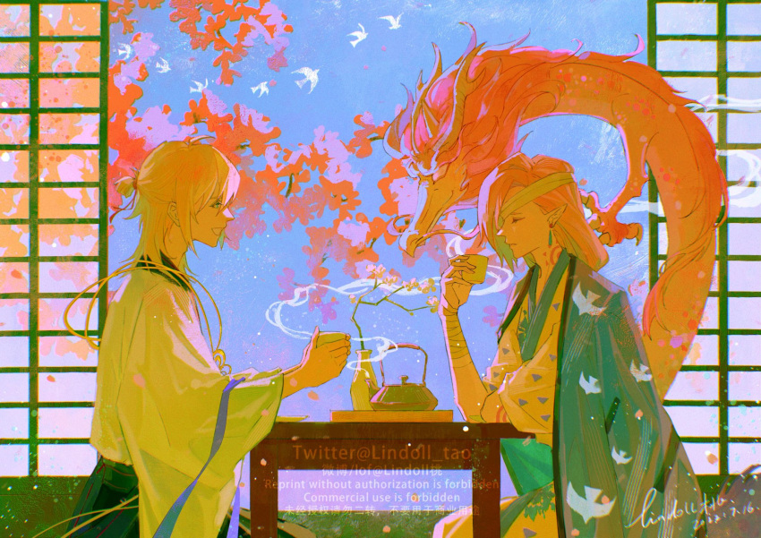 2boys, :d, alkaid_mcgrath, animal_print, bandage_over_one_eye, bandaged_arm, bandages, bird, bird_print, black_hakama, blonde_hair, branch, cherry_blossoms, chinese_commentary, closed_eyes, closed_mouth, company_connection, cowboy_shot, crossover, cup, day, dragon, earrings, eastern_dragon, facing_another, flower, from_side, green_eyes, hair_between_eyes, hair_over_one_eye, hakama, half_updo, haori, highres, holding, holding_cup, ichimoku_ren_(onmyoji), indoors, jacket, jacket_on_shoulders, japanese_clothes, jewelry, kimono, lindoll, long_hair, long_sleeves, looking_at_another, lovebrush_chronicles, male_focus, medium_hair, multiple_boys, neck_tattoo, onmyoji, pink_flower, pink_hair, pointy_ears, profile, seiza, shouji, sitting, sliding_doors, smile, steam, swallow_(bird), table, tattoo, teapot, tray, tree, uroko_(pattern), vase, watermark, white_kimono, wide_sleeves