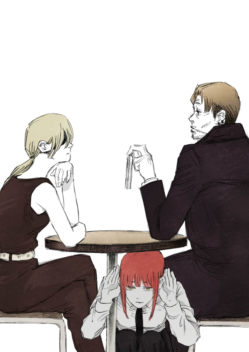 1boy, 2girls, absurdres, belt, black_coat, black_necktie, black_pants, black_tank_top