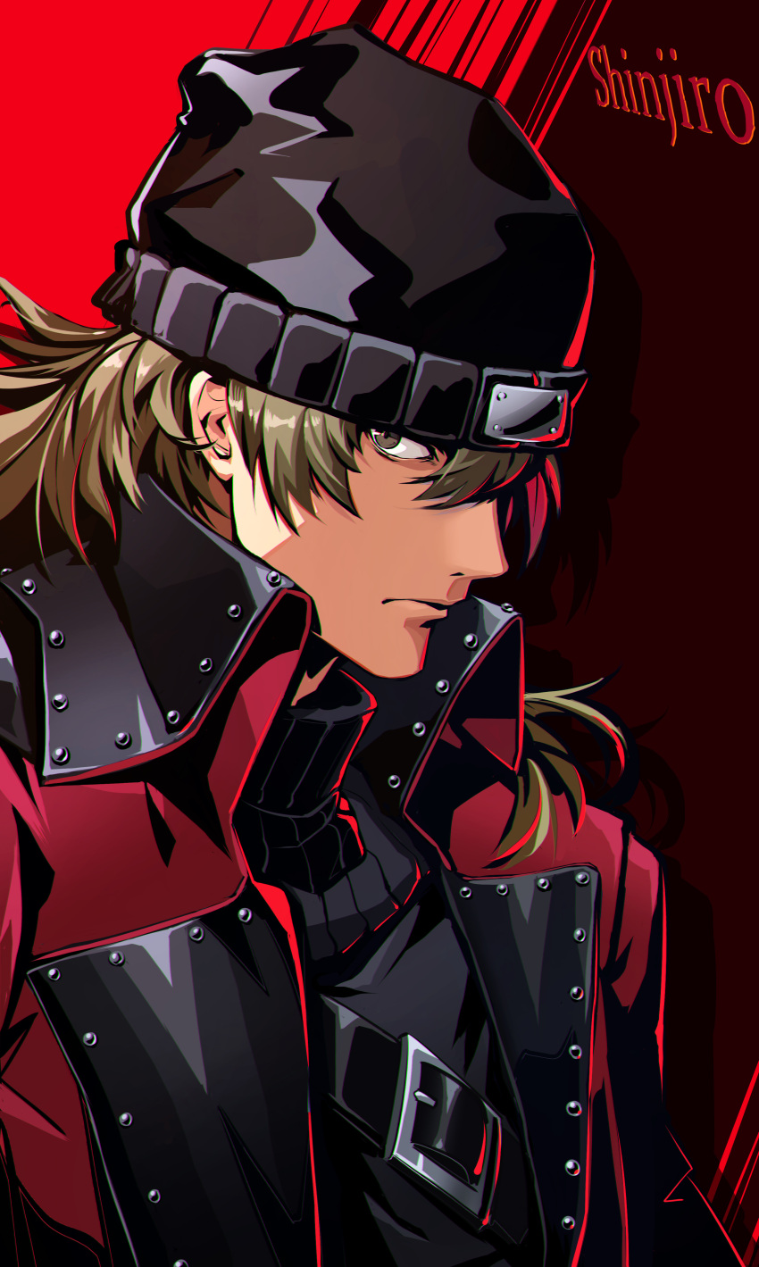 1boy, absurdres, aragaki_shinjirou, beanie, black_sweater, brown_eyes, brown_hair, character_name