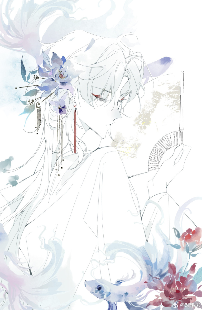 1boy, blade_(honkai:_star_rail), chinese_clothes, chinese_commentary, closed_mouth, colored_skin, curtained_hair, drop_earrings