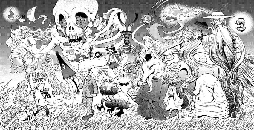 1boy, 6+girls, :3, \n/, absurdly_long_hair, animal_ears, animate_object, backpack