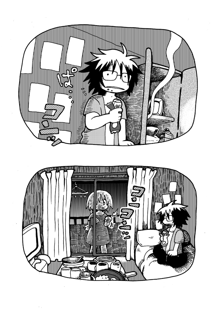 1boy, 1girl, absurdres, apartment, balcony, butsudan, curtains, dishes, eating, food, food_on_face, glass_door, glasses, greyscale, highres, holding, holding_food, incense, indian_style, indoors, knocking, long_hair, looking_to_the_side, messy_hair, messy_room, monochrome, night, on_bed, open_clothes, open_mouth, open_shirt, original, pants, short_hair, short_sleeves, sitting, smile, smoke_trail, tokita_(jyabarachan), undershirt