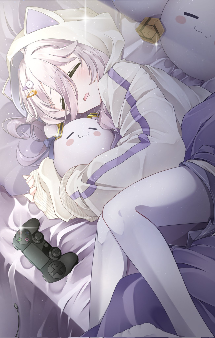 1girl, ahoge, animal_ear_hood, closed_eyes, controller, drooling, fujishiro_kazuha, game_controller