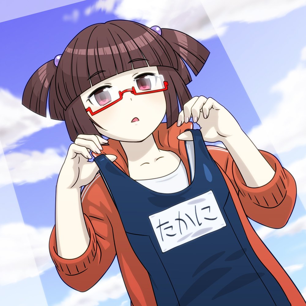 1girl, blue_sky, blunt_bangs, brown_hair, clouds, cloudy_sky, commentary_request, dutch_angle