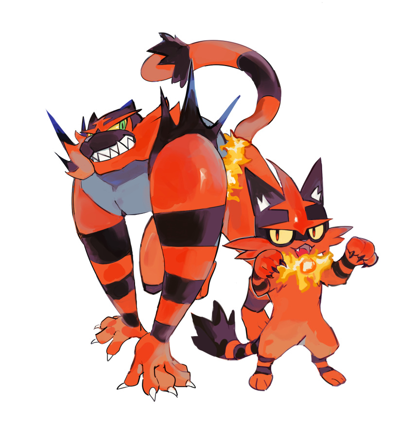 :d, claws, colored_sclera, fangs, green_eyes, grin, highres, incineroar