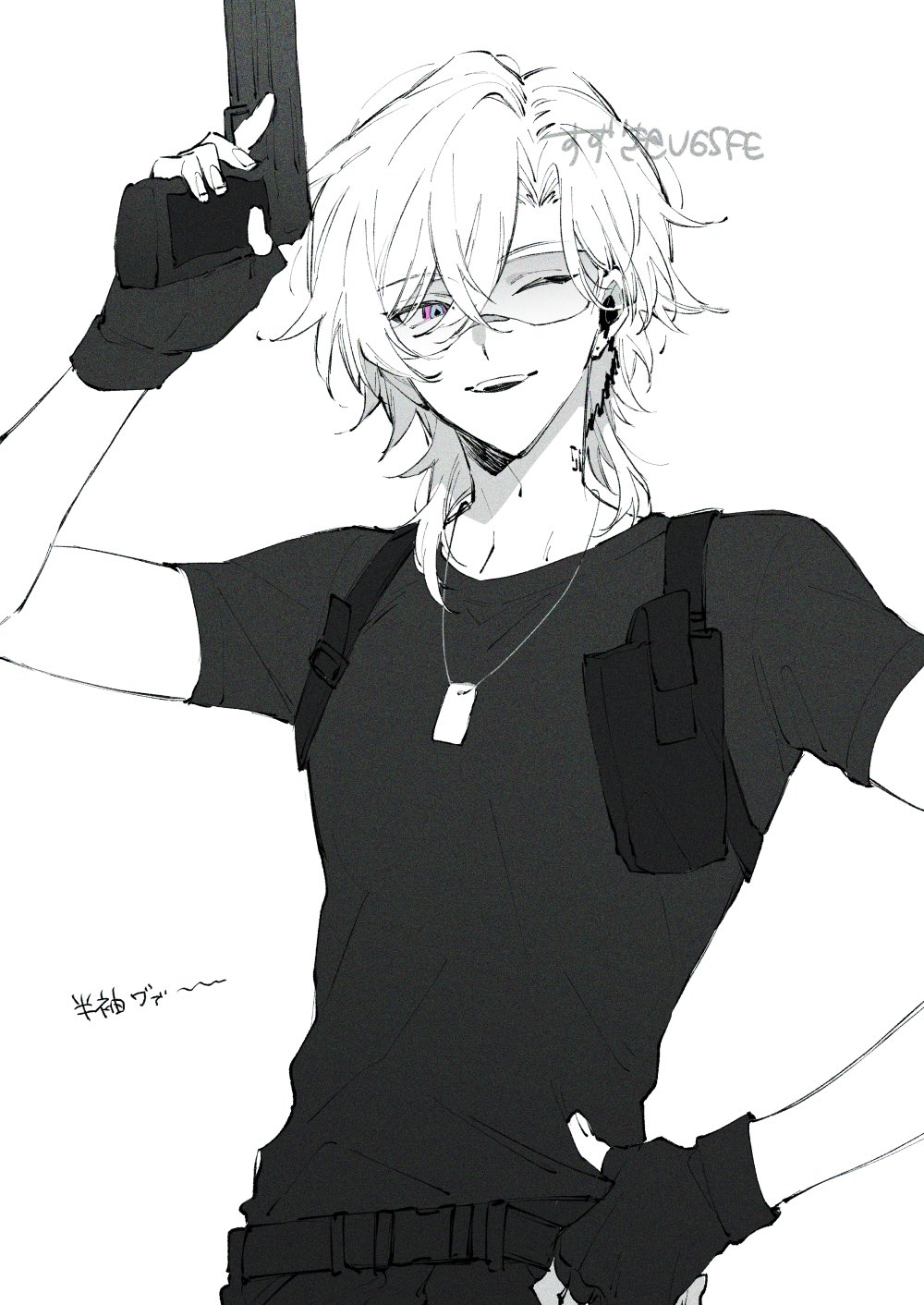 1boy, aventurine_(bullseye)_(honkai:_star_rail), aventurine_(honkai:_star_rail), dog_tags, earpiece, fingerless_gloves, gloves, gun, hair_between_eyes, handgun, highres, holding, holding_gun, holding_weapon, honkai:_star_rail, honkai_(series), male_focus, multicolored_eyes, neck_tattoo, official_alternate_costume, safety_glasses, shirt, short_hair, solo, spot_color, t-shirt, tattoo, two-tone_eyes, ugsfe, weapon