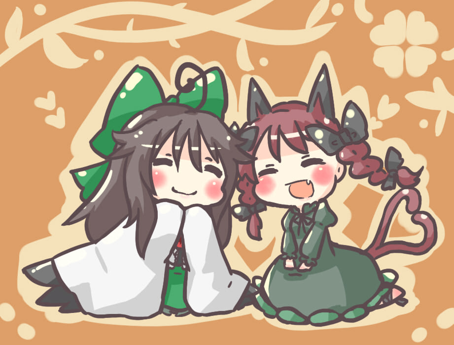 blush, braid, chibi, closed_eyes, hanuu_(kemomiku), kaenbyou_rin, multiple_girls, reiuji_utsuho