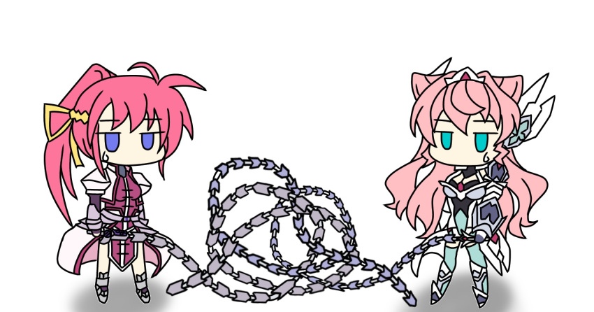2girls, chibi, crossover, gdgdxd96, jitome, laevatein_(nanoha), lyrical_nanoha, magical_girl, maria_cadenzavna_eve, multiple_girls, pink_hair, ponytail, senki_zesshou_symphogear, signum, sweatdrop, weapon, weapon_connection, whip_sword