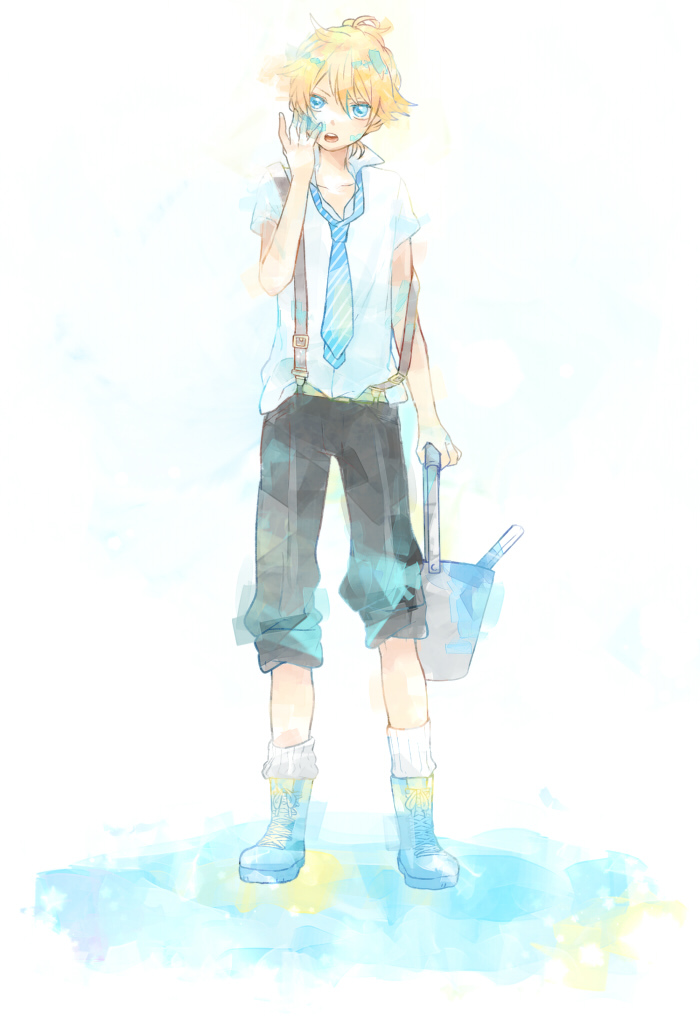 blonde_hair, blue, blue_eyes, bucket, kagamine_len, male, necktie, open_collar, solo, striped, striped_tie, suspenders, tama_(songe), vocaloid