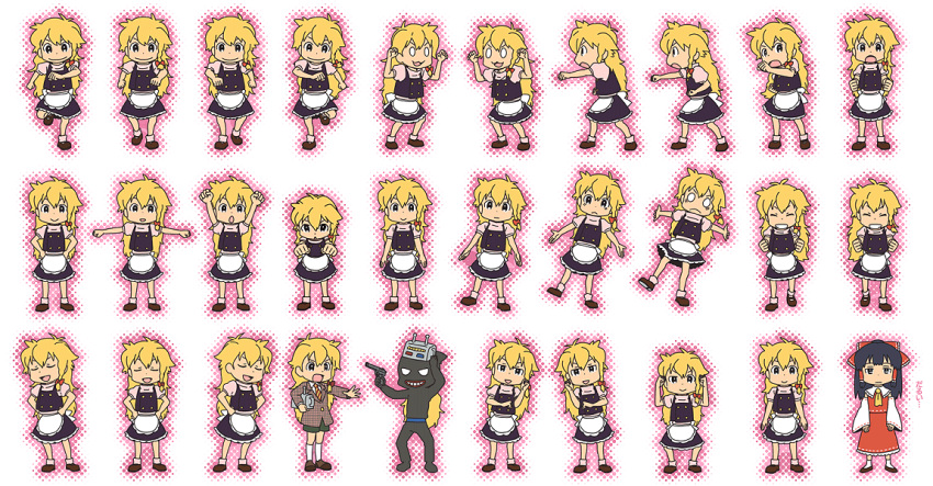 :<, ^_^, black_ghost, black_ghost_(cosplay), blonde_hair, closed_eyes, cosplay, hakurei_reimu, kaneda_shoutarou_(tetsujin_28-gou), kaneda_shoutarou_(tetsujin_28-gou)_(cosplay), kirisame_marisa, nanonin, o_o, tetsujin_28-gou, touhou