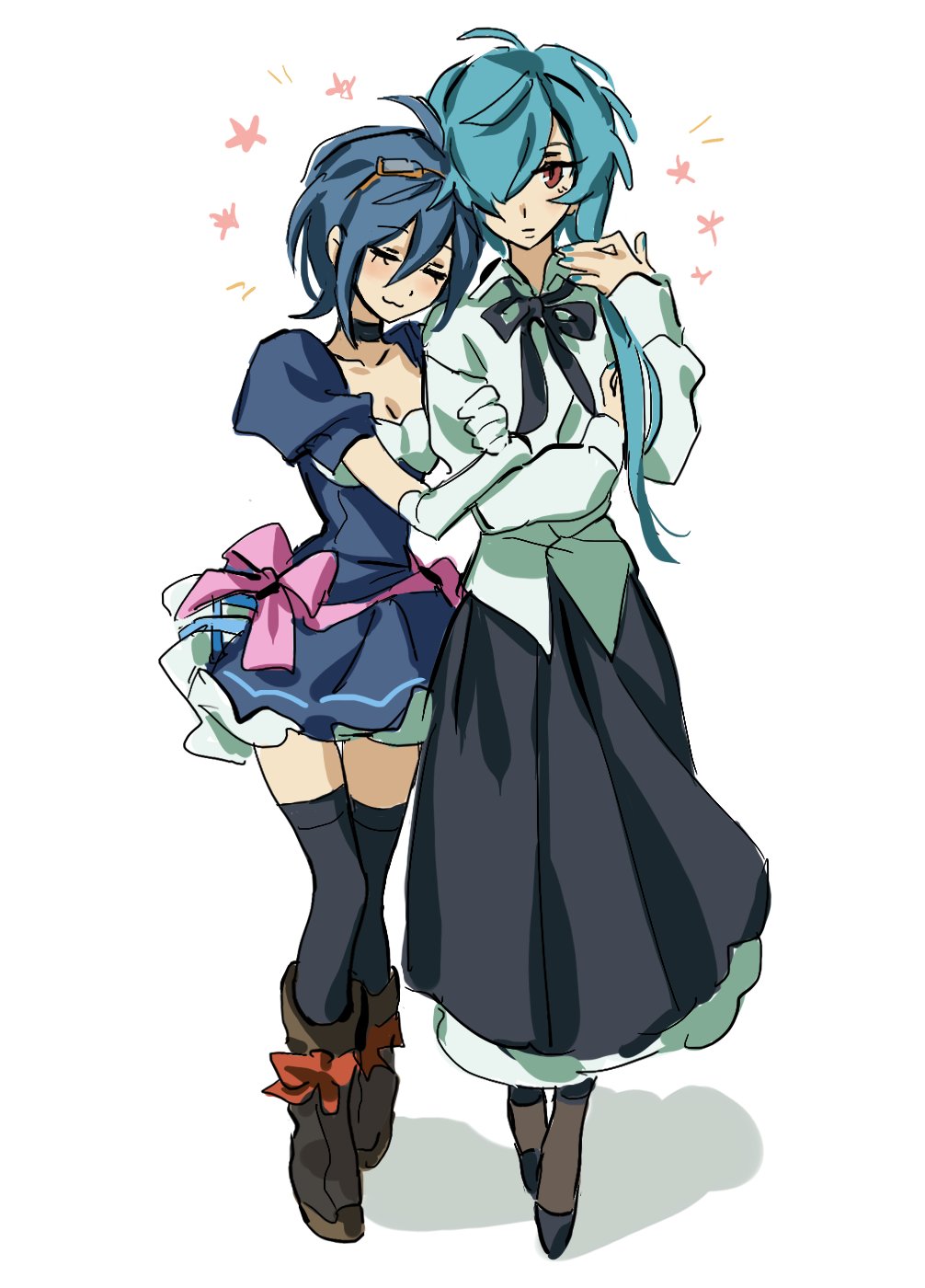 2girls, :3, arm_hug, black_choker, black_ribbon, black_skirt, black_thighhighs, blue_dress