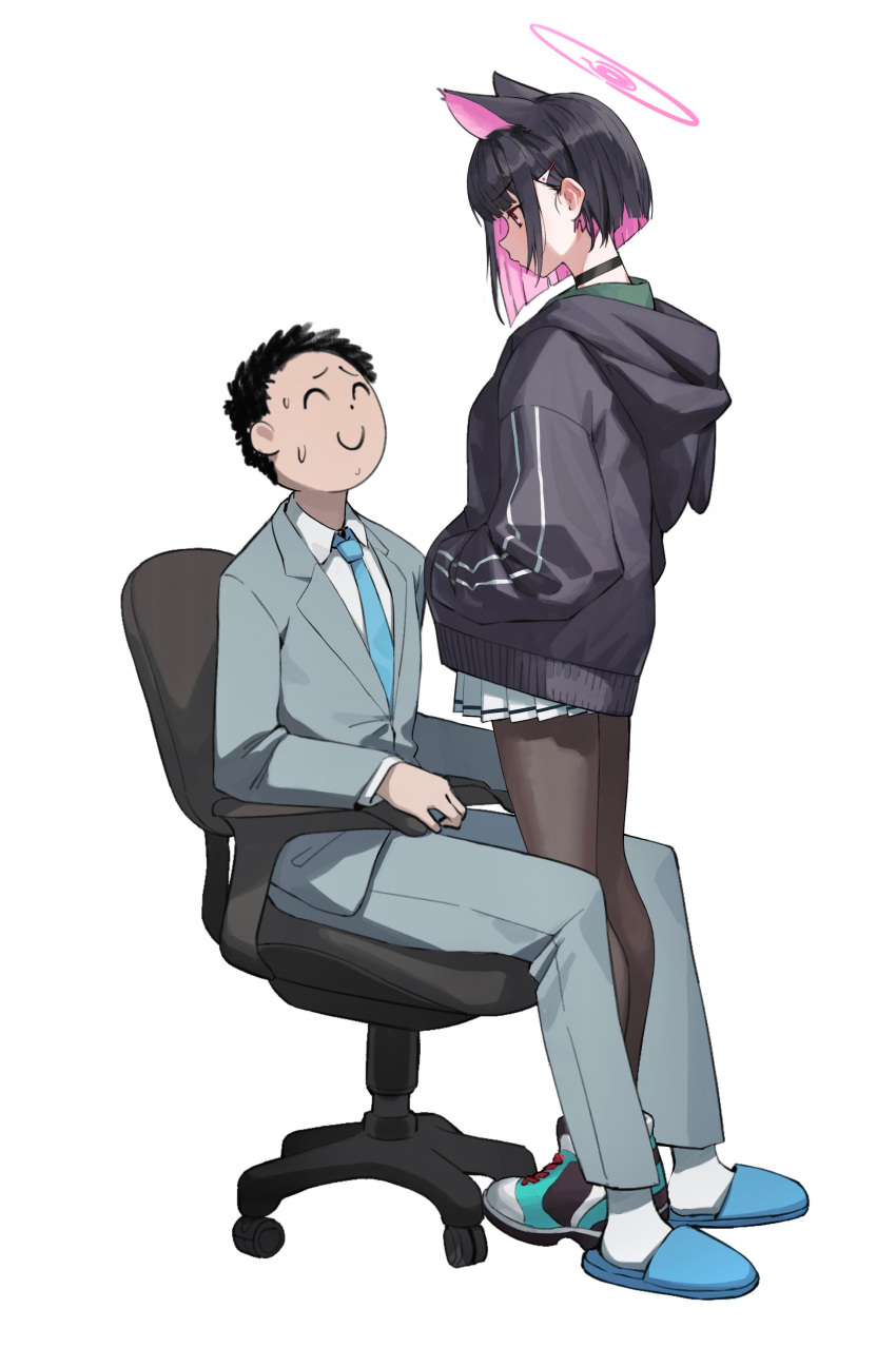 1boy, 1girl, absurdres, black_choker, black_hair, black_jacket, black_pantyhose, blue_archive