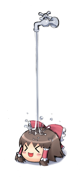 >_<, bathing, blush, brown_hair, faucet, hair_ornament, hakurei_reimu, kanno
