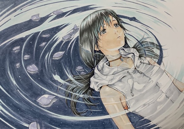 1girl, amano_hina_(tenki_no_ko), black_hair, colored_pencil_(medium), crying, hood, hoodie, in_water