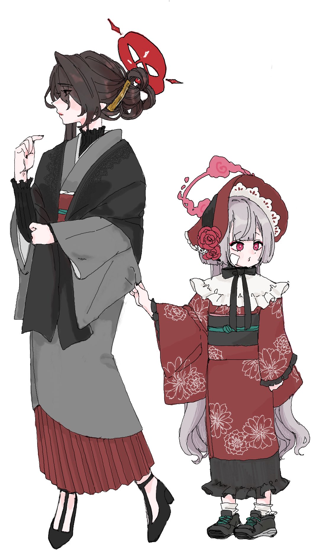 2girls, alternate_costume, blue_archive, character_request, floral_print, highres, japanese_clothes, kimono, multiple_girls, shuro_(blue_archive), simple_background, syurorori, white_background